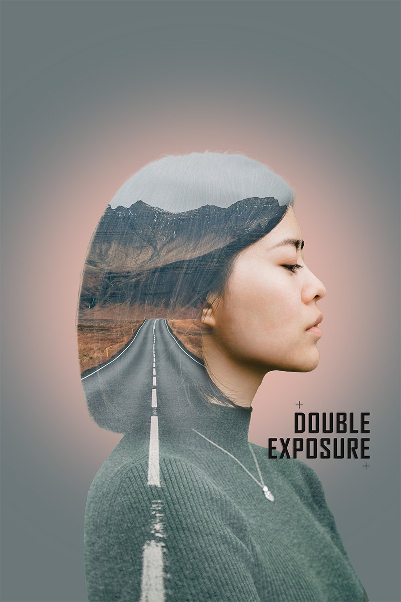 Double exposure effect of a women's side profile with road and mountain appearing in a fade on her as if she is thinking of it