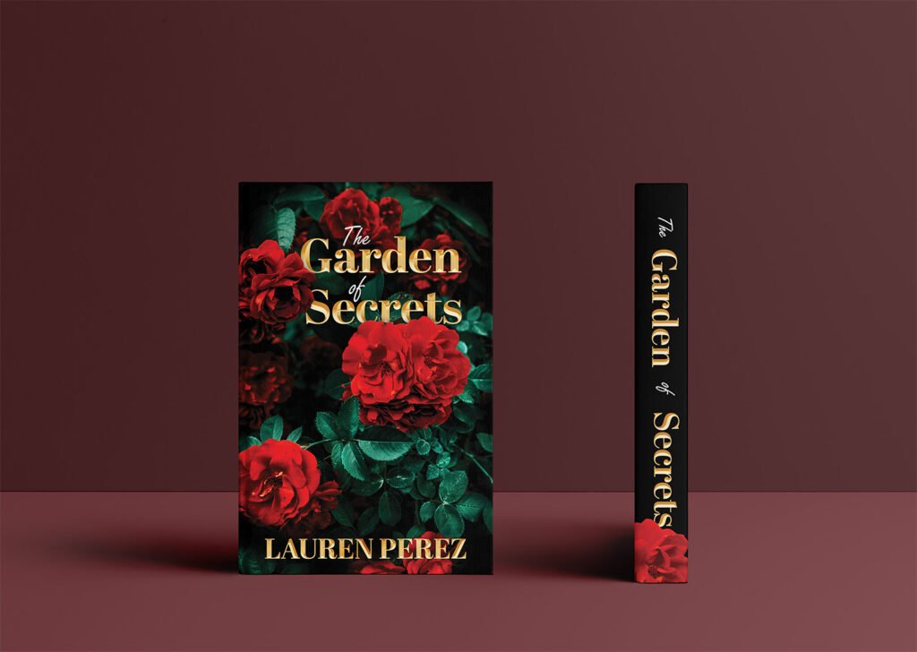 Show casing the Hard cover of The Garden of Secrets romance novel, and the book spine, with a maroon background