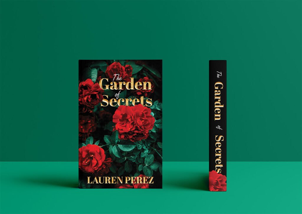 Show casing the Hard cover of The Garden of Secrets romance novel, and the book spine, with a green background